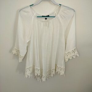 Always Indigo White gauze peasant blouse Size L Cottagecore Boho‎ Chic Peasant